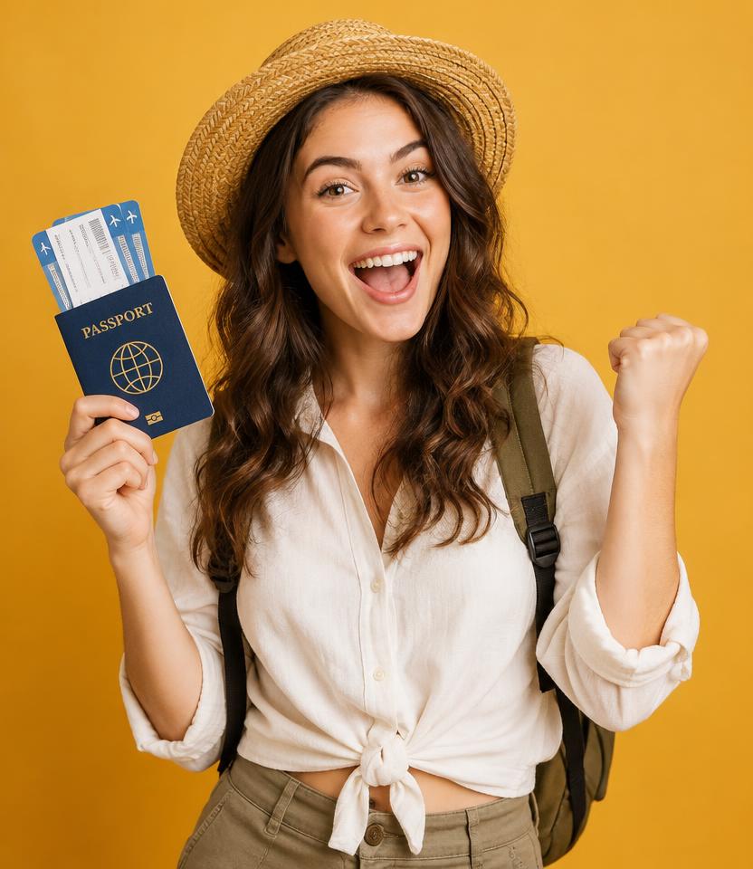 Excited traveler holding tickets